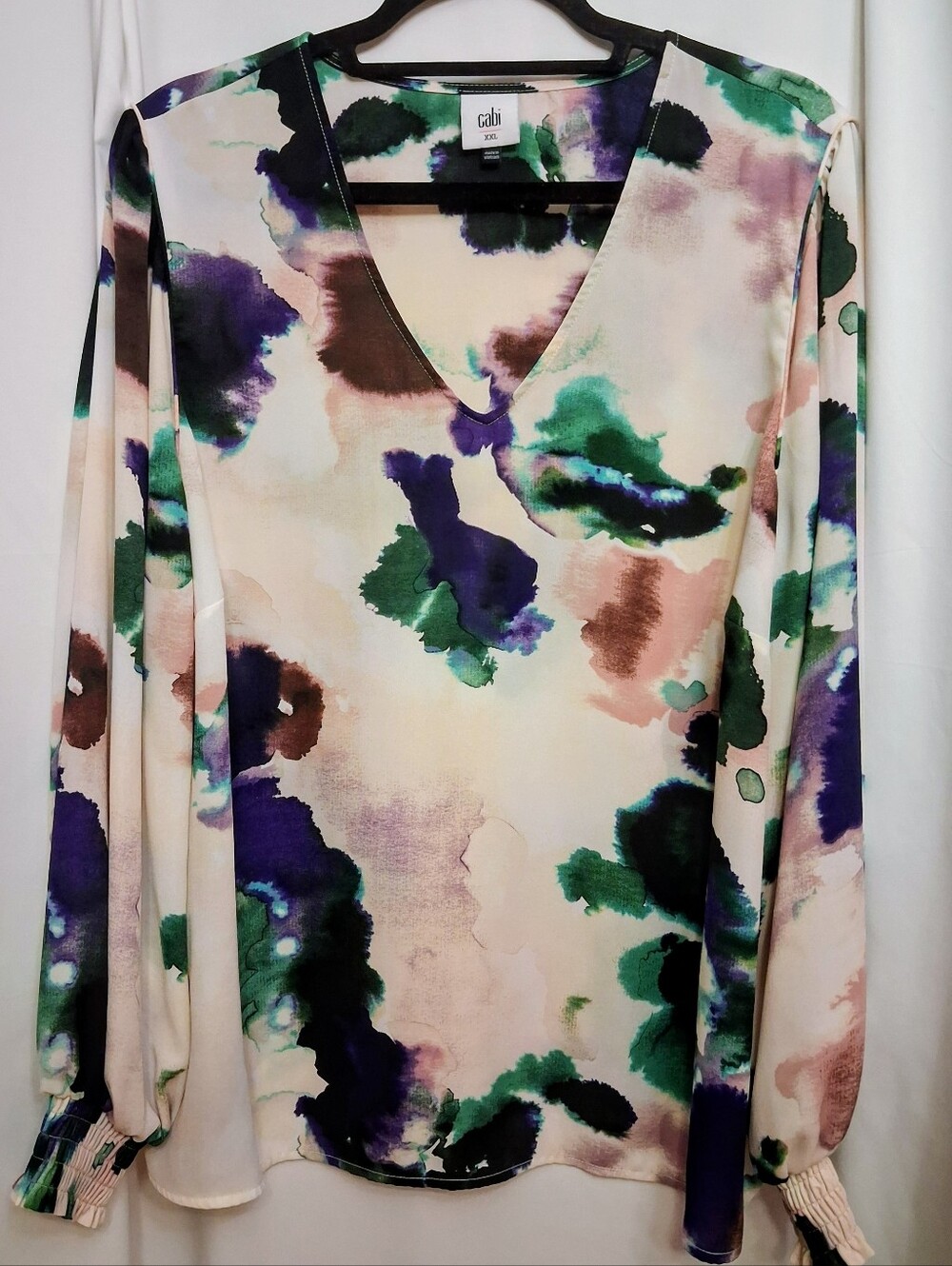 Cabi Women’s V-Neck Long Sleeve Blouse - Multicolor Watercolor Print SIZE 2XLG